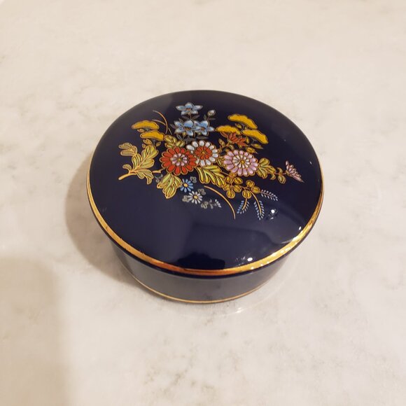 Cobalt Blue Porcelain Ceramic Floral Jewelry Container - Picture 1 of 11